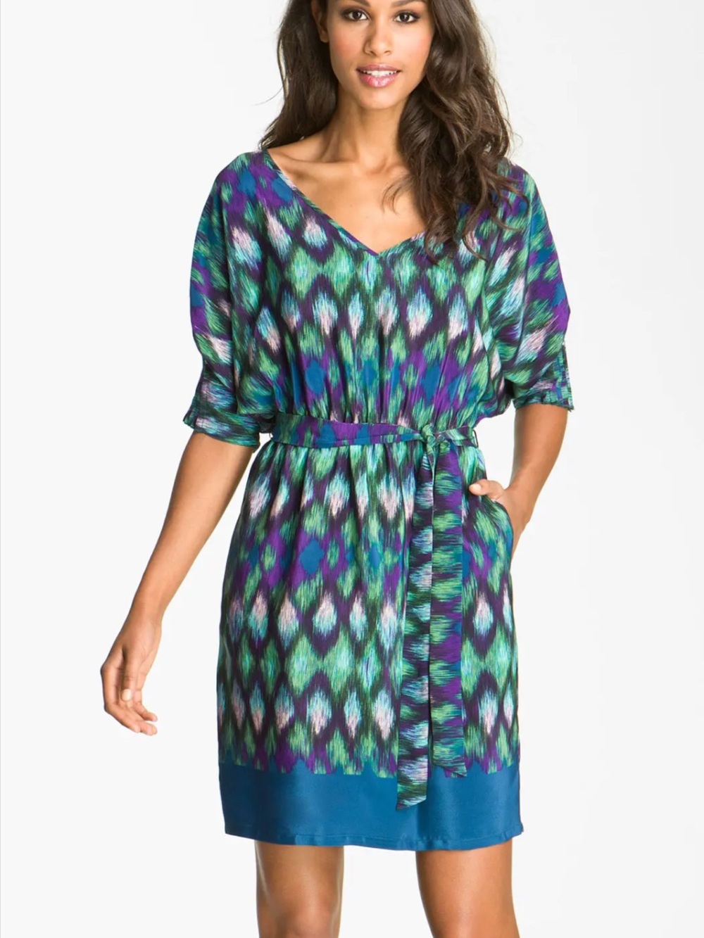 Presley Skye Green, Teal & Purple Ikat-Print Belted Mini Dress